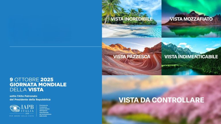 Locandina ufficiale della Giornata Mondiale della Vista 2025. A sinistra, su sfondo blu, sono riportate le date: conferenza stampa il 2 ottobre 2025 a Roma, presso il Ministero della Salute, e la Giornata Mondiale della Vista il 9 ottobre 2025 sotto l’Alto Patronato del Presidente della Repubblica. In basso è presente il logo IAPB Italia ETS. A destra, quattro immagini mostrano paesaggi naturali con le scritte 'Vista incredibile', 'Vista mozzafiato', 'Vista pazzesca', 'Vista indimenticabile', seguite da una quinta immagine sfocata con la scritta 'Vista da controllare', a sottolineare l’importanza della prevenzione visiva.